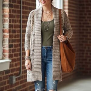 Chico’s Open Weave Long Knit Cotton Acrylic Tan Cardigan Sweater Size 2 Large